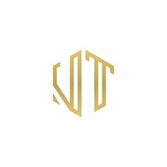 Initial letter VT, minimalist line art hexagon shape logo, gold color