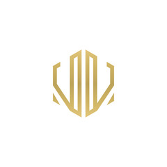 Initial letter VV mirror, minimalist line art hexagon shape logo, gold color