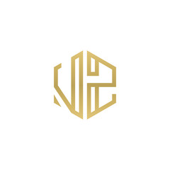 Initial letter VZ, minimalist line art hexagon shape logo, gold color
