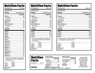Nutrition Facts information label for box. Daily value ingredient calories, cholesterol and fats in grams and percent. Flat design, vector illustration on background.