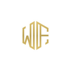 Initial letter WF, minimalist line art hexagon shape logo, gold color