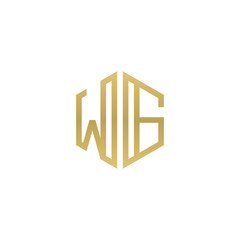 Initial letter WG, minimalist line art hexagon shape logo, gold color