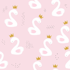 Swan princess with golden glitter crown seamless pattern. Cute childish print. Vector hand drawn illustration.