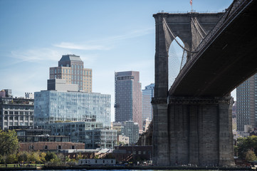 New York City's Brooklyn Bridge and Manhattan skyline in the background.