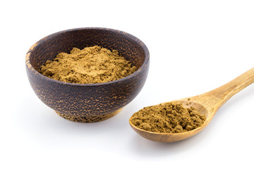 Wooden Spoon with Five Spice Powder and bowl on White Background