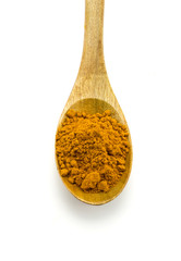 Turmeric (Curcuma) powder on wooden spoon on white background.
