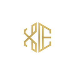 Initial letter XE, minimalist line art hexagon shape logo, gold color