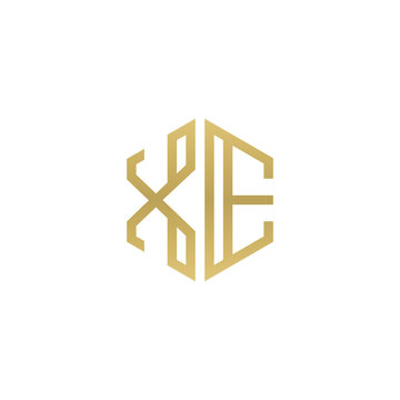 recommend clip art: Initial letter XE, minimalist line art hexagon shape logo, gold color