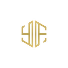 Initial letter YF, minimalist line art hexagon shape logo, gold color