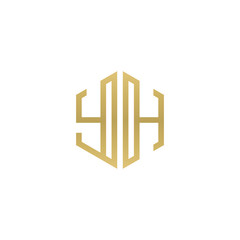 Initial letter YH, minimalist line art hexagon shape logo, gold color