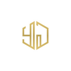 Initial letter YJ, minimalist line art hexagon shape logo, gold color