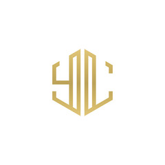 Initial letter YL, minimalist line art hexagon shape logo, gold color