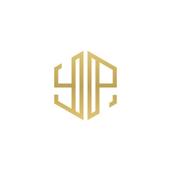 Initial letter YP, minimalist line art hexagon shape logo, gold color