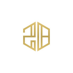 Initial letter ZB, minimalist line art hexagon shape logo, gold color