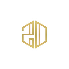 Initial letter ZD, ZO, minimalist line art hexagon shape logo, gold color