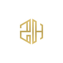 Initial letter ZH, minimalist line art hexagon shape logo, gold color