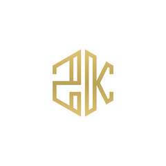 Initial letter ZK, minimalist line art hexagon shape logo, gold color