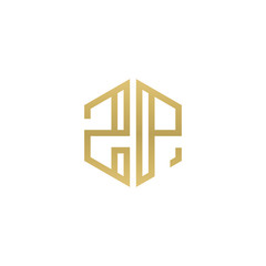 Initial letter ZP, minimalist line art hexagon shape logo, gold color