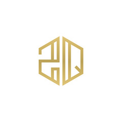 Initial letter ZQ, minimalist line art hexagon shape logo, gold color