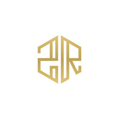 Initial letter ZR, minimalist line art hexagon shape logo, gold color