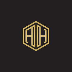 Initial letter AH, minimalist line art hexagon shape logo, gold color on black background