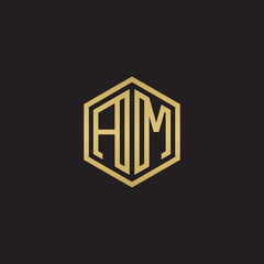 Initial letter AM, minimalist line art hexagon shape logo, gold color on black background