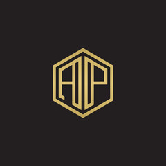 Initial letter AP, minimalist line art hexagon shape logo, gold color on black background