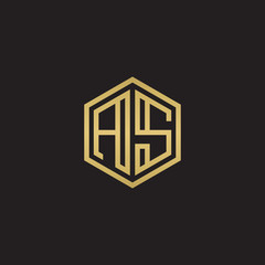 Initial letter AS, minimalist line art hexagon shape logo, gold color on black background
