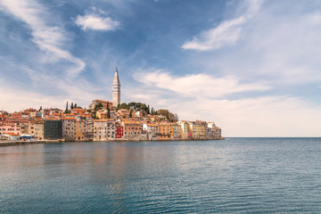 Rovinj on Adriatic sea in Croatia , Europe. The historic part of city Rovinj with the Church of Saint Euphemia.