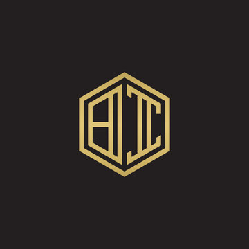 recommend clip art: Initial letter BI, minimalist line art hexagon shape logo, gold color on black background