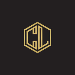 Initial letter CL, minimalist line art hexagon shape logo, gold color on black background