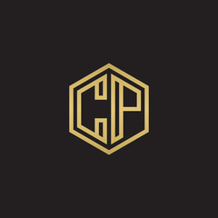 Initial letter CP, minimalist line art hexagon shape logo, gold color on black background