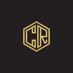 Initial letter CR, minimalist line art hexagon shape logo, gold color on black background