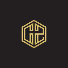 Initial letter CZ, minimalist line art hexagon shape logo, gold color on black background