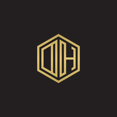 Initial letter DH, OH, minimalist line art hexagon shape logo, gold color on black background