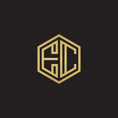 Initial letter EC, minimalist line art hexagon shape logo, gold color on black background