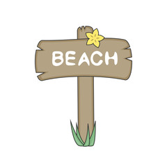 Beach sign on wood board vector illustration. Summer time card.