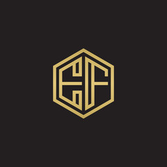 Initial letter EF, minimalist line art hexagon shape logo, gold color on black background
