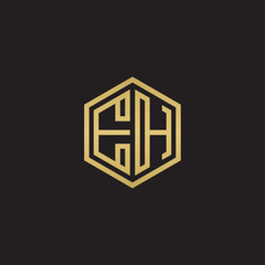 Initial letter EH, minimalist line art hexagon shape logo, gold color on black background