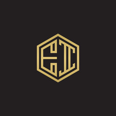 Initial letter EI, minimalist line art hexagon shape logo, gold color on black background