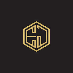 Initial letter EJ, minimalist line art hexagon shape logo, gold color on black background