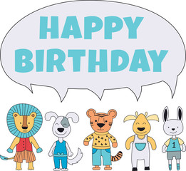 Greeting card with smiling animals wishing Happy Birthday to a kid