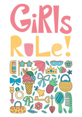 Girls rule vector poster with Ice cream, purse, ring, comb, bow, mirror, crown, flowers