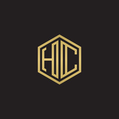 Initial letter HC, minimalist line art hexagon shape logo, gold color on black background