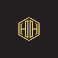 Initial letter HH mirror, minimalist line art hexagon shape logo, gold color on black background