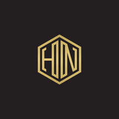 Initial letter HN, minimalist line art hexagon shape logo, gold color on black background