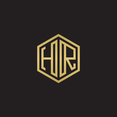 Initial letter HR, minimalist line art hexagon shape logo, gold color on black background