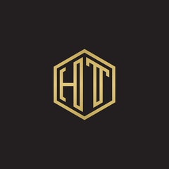 Initial letter HT, minimalist line art hexagon shape logo, gold color on black background