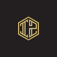 Initial letter IZ, minimalist line art hexagon shape logo, gold color on black background