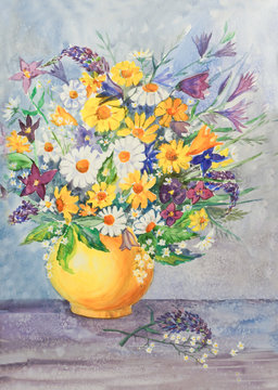 Wild flowers in vase - an original modern painting on paper, watercolor